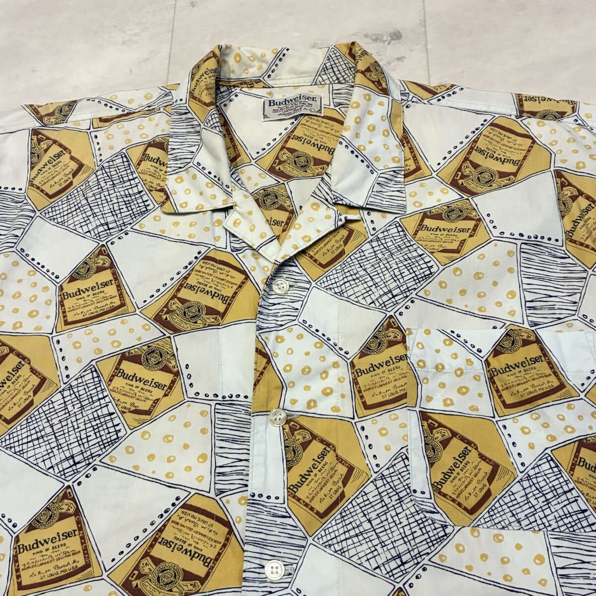 80s 90s Budweiser バドワイザー KING OF BEERS 総柄 開襟 オープンカラー ビンテージ アロハシャツ_画像2