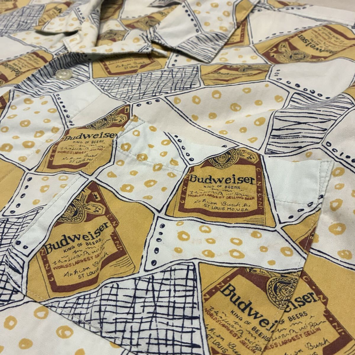 80s 90s Budweiser バドワイザー KING OF BEERS 総柄 開襟 オープンカラー ビンテージ アロハシャツ_画像3