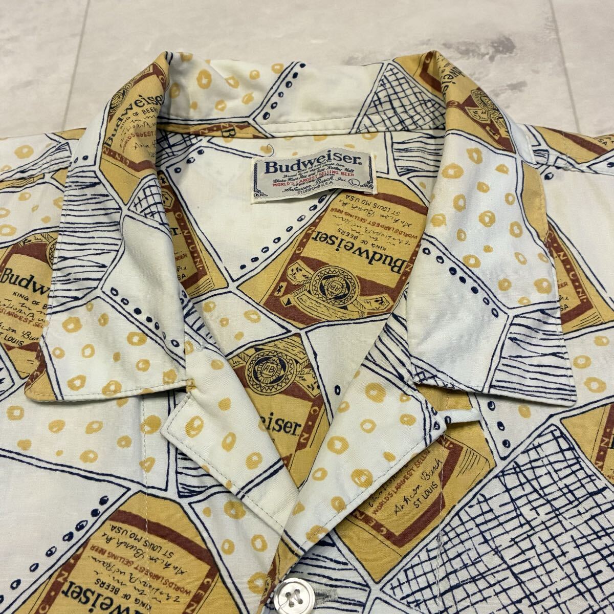 80s 90s Budweiser バドワイザー KING OF BEERS 総柄 開襟 オープンカラー ビンテージ アロハシャツ_画像4