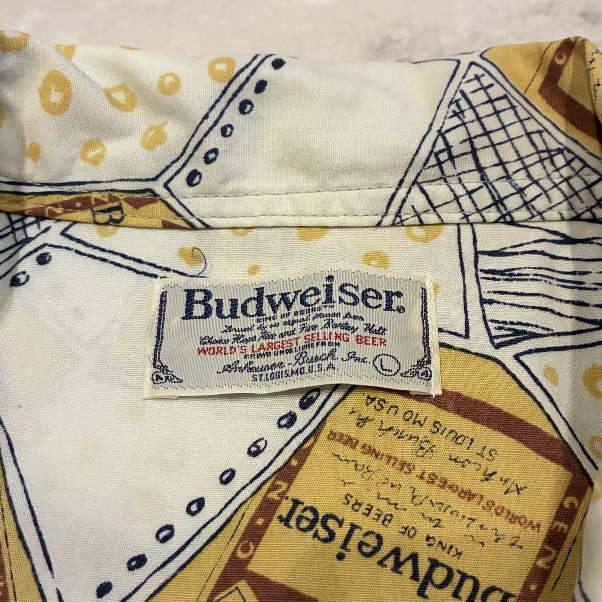 80s 90s Budweiser バドワイザー KING OF BEERS 総柄 開襟 オープンカラー ビンテージ アロハシャツ_画像5