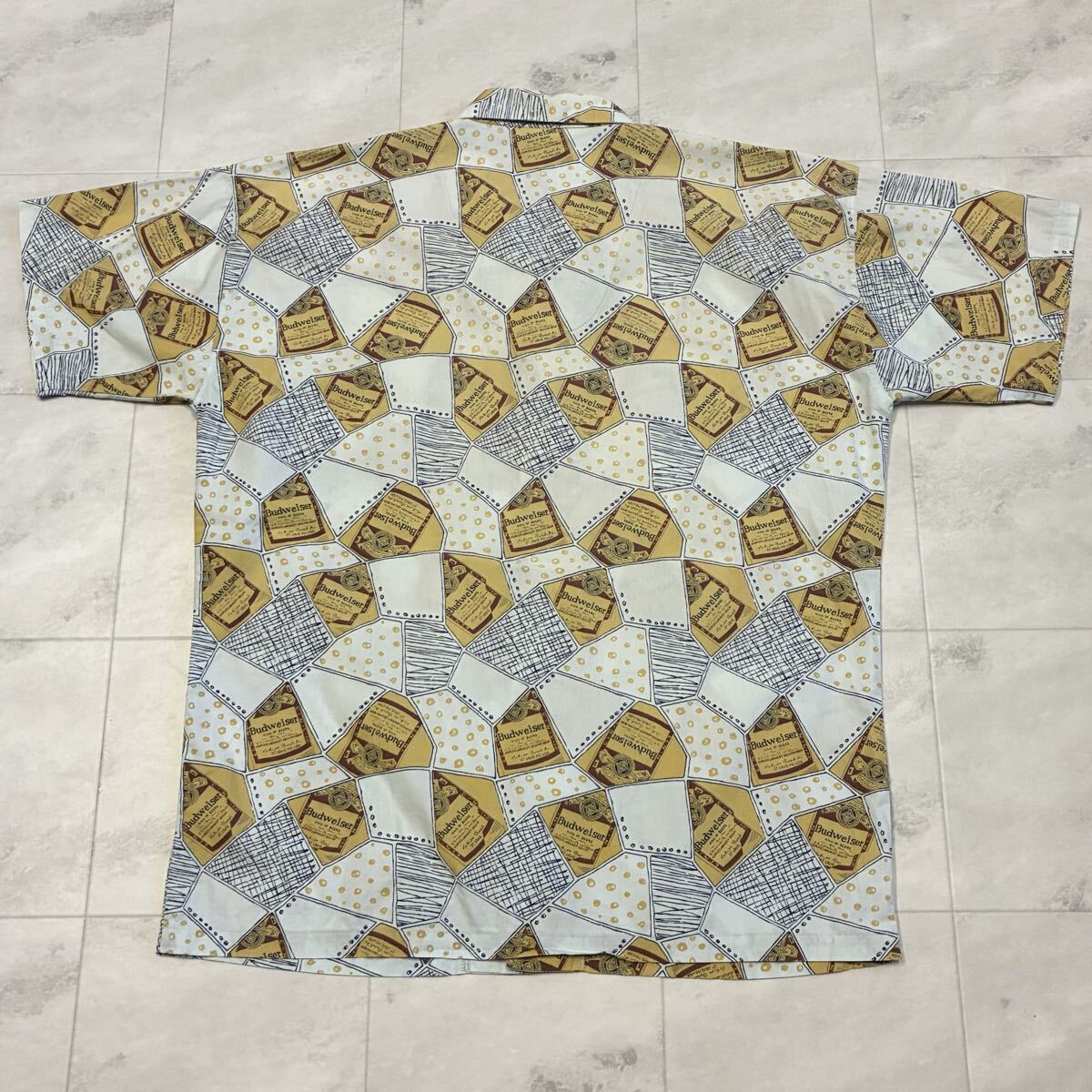 80s 90s Budweiser バドワイザー KING OF BEERS 総柄 開襟 オープンカラー ビンテージ アロハシャツ_画像6