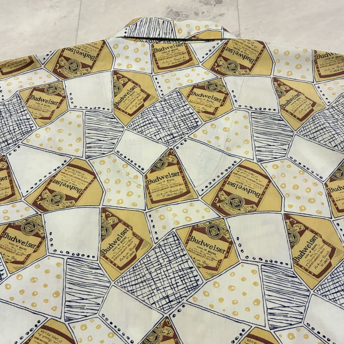 80s 90s Budweiser バドワイザー KING OF BEERS 総柄 開襟 オープンカラー ビンテージ アロハシャツ_画像7