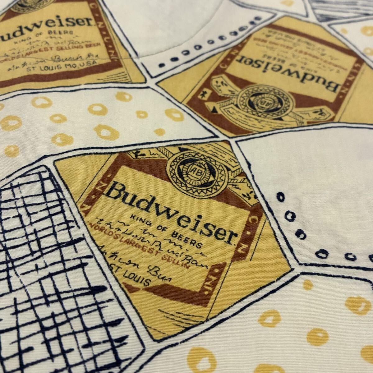 80s 90s Budweiser バドワイザー KING OF BEERS 総柄 開襟 オープンカラー ビンテージ アロハシャツ_画像8
