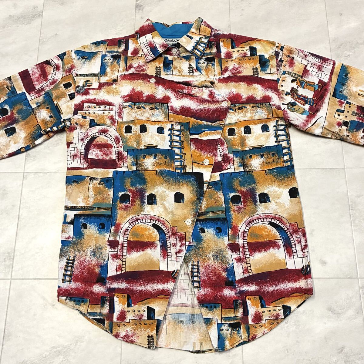 90s Adobe Rose 1992 総柄 柄シャツ 変形 レトロ アート ビンテージ 長袖シャツ NEPAL製_画像4