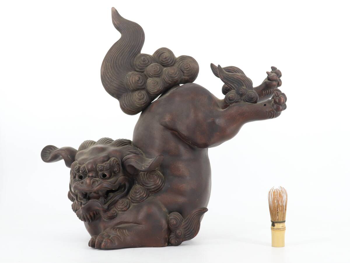 【蔵】備前焼 特大高さ約50㌢ 獅子 跳ね獅子 置物 旧家 初だし品 H-Y2092A_画像2