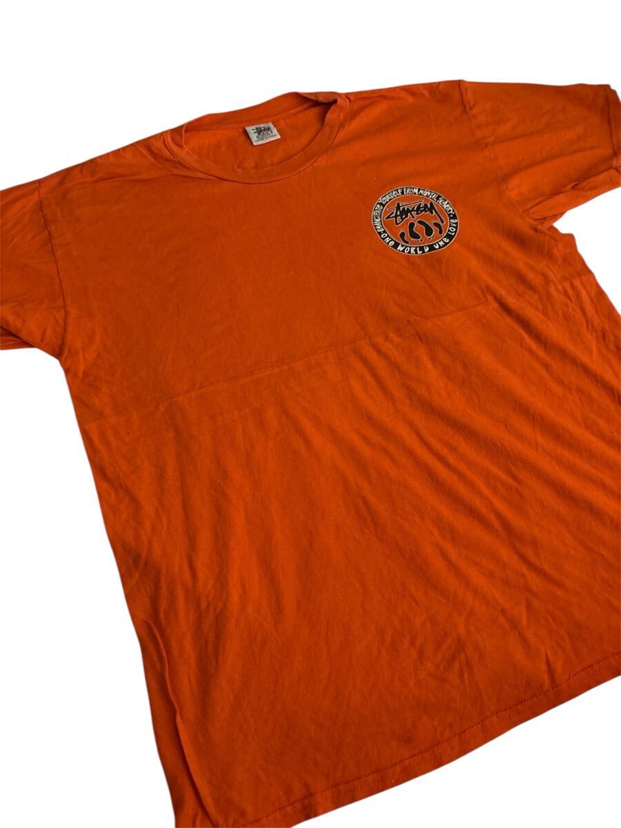 【激レア 白タグ 90s USA制】STUSSY ステューシー Tシャツ オレンジ Lサイズ ワールドワン 両面プリント ビンテージ