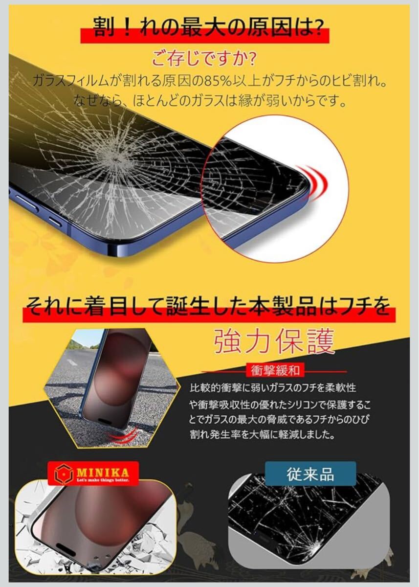 MINIKA iPhone 15 専用ガラスフィルム２枚/カメラフィルム2枚 のぞき見防止 強化ガラス 液晶保護 横から見えない 6.1インチ/ガイド枠付き_画像5