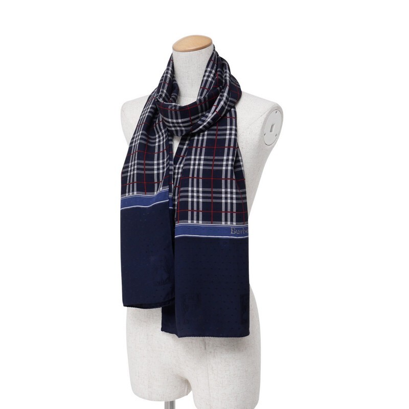 TJ4421△イタリア制 Burberrys バーバリー ヴィンテージ チェック柄 シェルターマーク シルクスカーフ ストール ネイビー系