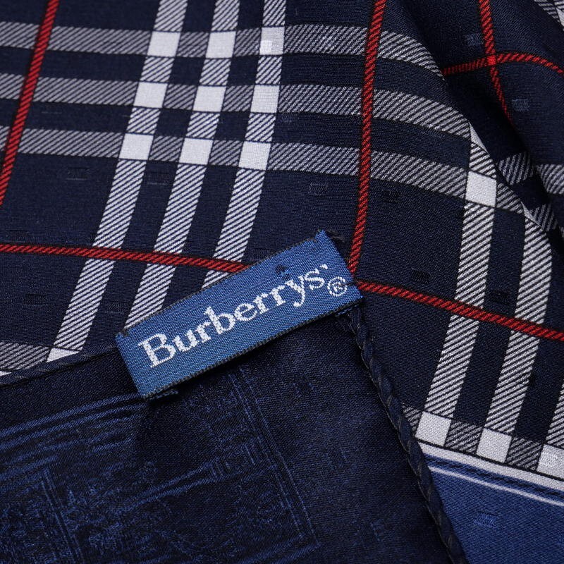 TJ4421△イタリア制 Burberrys バーバリー ヴィンテージ チェック柄 シェルターマーク シルクスカーフ ストール ネイビー系