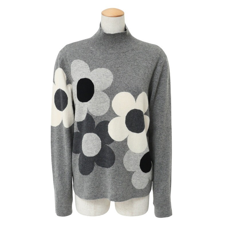 MI0157□ユートゥーコレクション/UTOO COLLECTION 総カシミヤ 花柄 ハイネック 長(zhǎng)袖 セーター/ニットプルオーバー サイズL グレー×白絙?