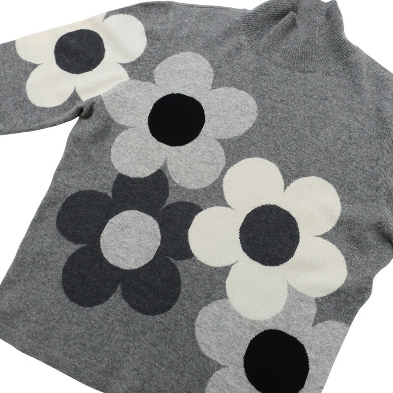 MI0157□ユートゥーコレクション/UTOO COLLECTION 総カシミヤ 花柄 ハイネック 長(zhǎng)袖 セーター/ニットプルオーバー サイズL グレー×白絙?