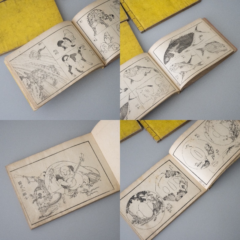 花鳥山水図式 全5冊 葛飾北斎画 和本 浮世絵 鍔 小道具 本草 絵手本 刀鍔 動物 植物 葛飾為斎 魚 猫 花 古文書の画像7