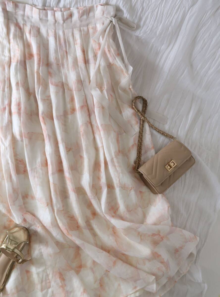 バジーレ28 BASILE28☆麻100% サイドリボン プリント柄 タックフレアスカート 9サイズ 日本制☆A-O 5121