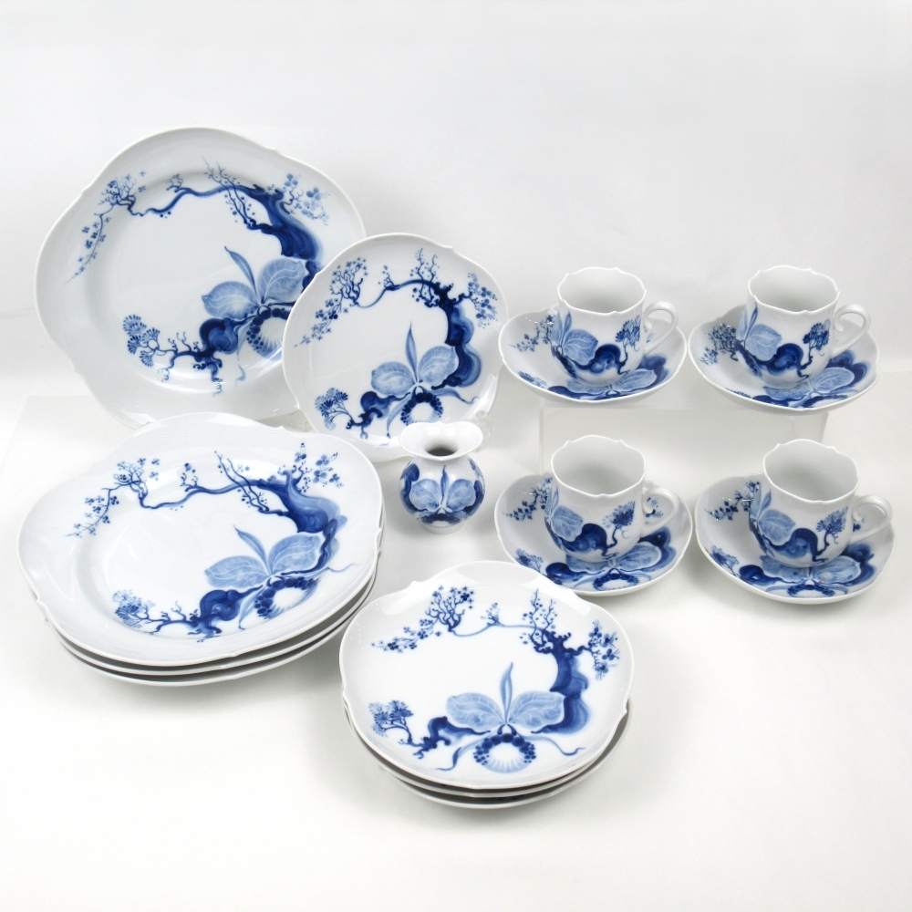1円? Meissen ブルーオーキッド コーヒーカップ&ソーサー/約18.5cmプレート/約25.5cmプレート/クリーマー 計(jì)17點(diǎn) ※同梱不可 4093236