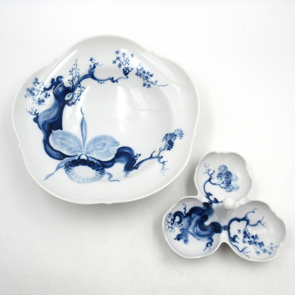 1円? Meissen マイセン ブルーオーキッド ディーププレート スープ皿 22.5/トラアングルディッシュ 薬味入れ 計(jì)2點(diǎn) 4130094