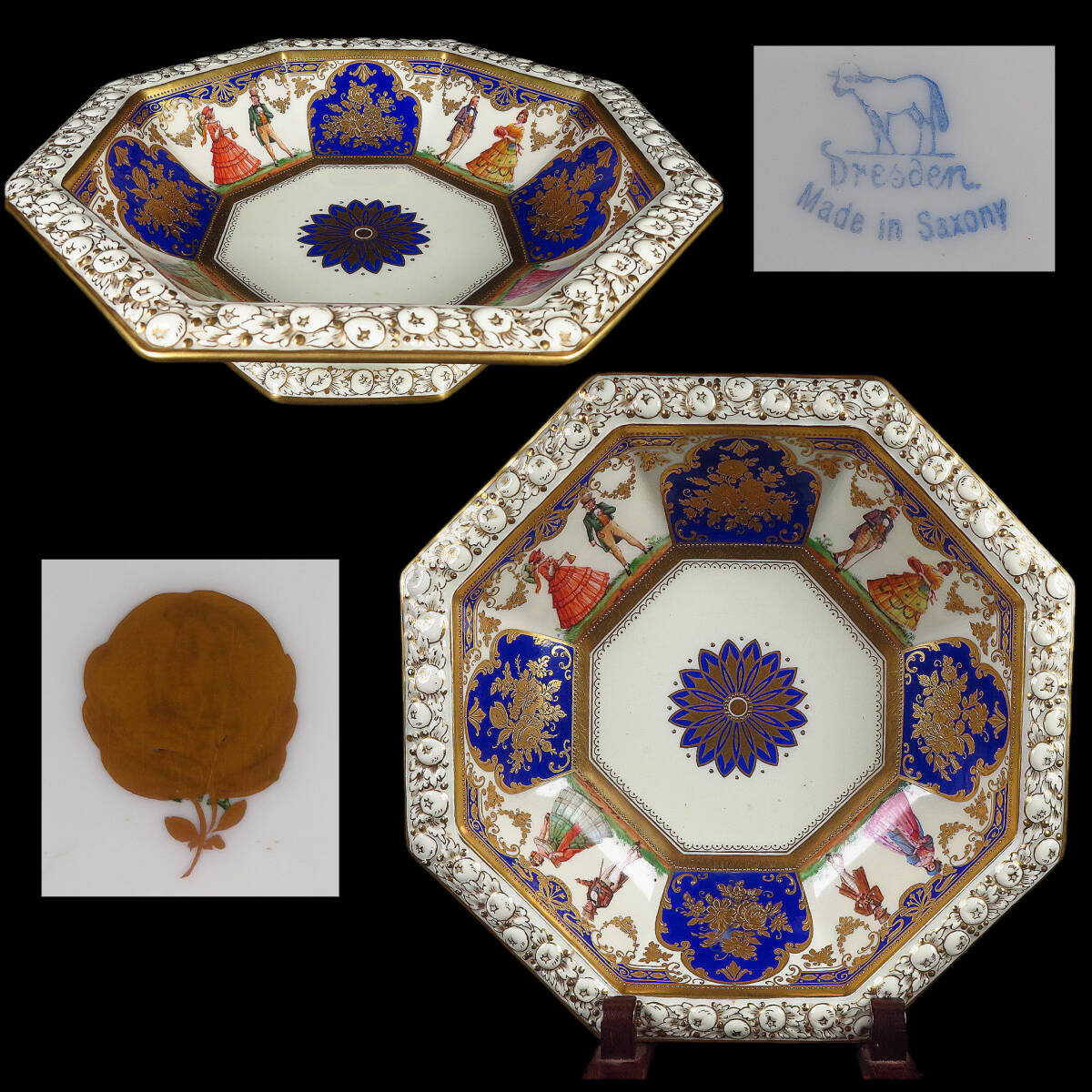 【SAKURAYA】資産家整理品【瑠璃金彩草花人物文八角飾鉢/ドレスデン DRESDEN SAXONY】西洋美術(shù) 鉢 皿 骨董品 古美術(shù)品 希少 橫幅25.2cm