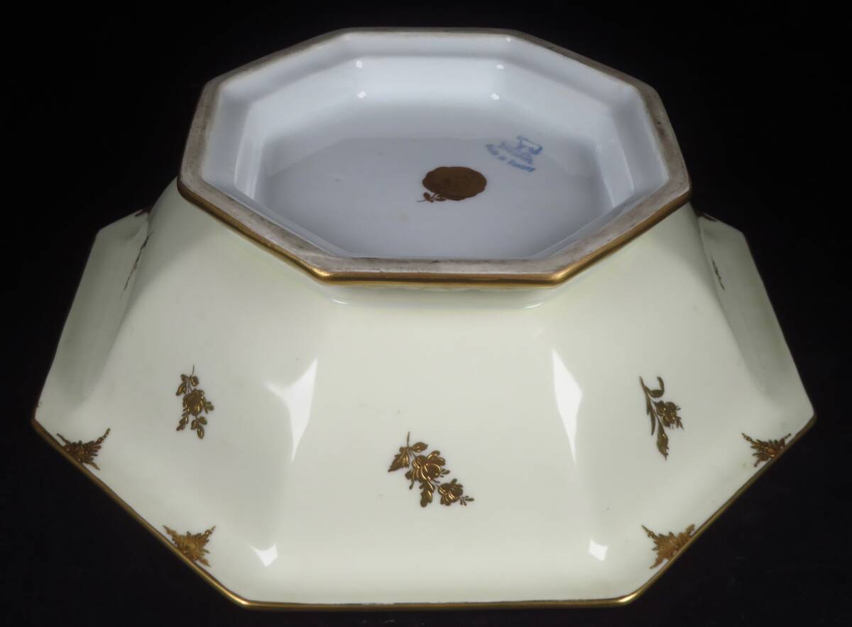 【SAKURAYA】資産家整理品【瑠璃金彩草花人物文八角飾鉢/ドレスデン DRESDEN SAXONY】西洋美術(shù) 鉢 皿 骨董品 古美術(shù)品 希少 橫幅25.2cm