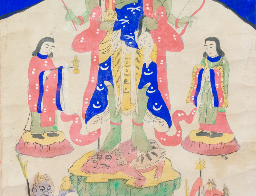 時代 彩色木版画 因州喜見山 帝釋天王尊影 掛軸 仏画 仏像 仏教美術 アンティーク 古画 古文書_画像4