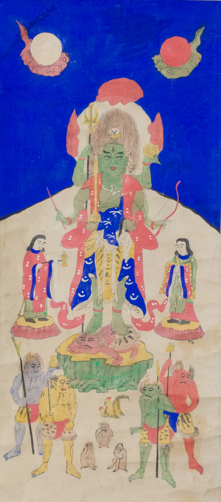 時代 彩色木版画 因州喜見山 帝釋天王尊影 掛軸 仏画 仏像 仏教美術 アンティーク 古画 古文書_画像2