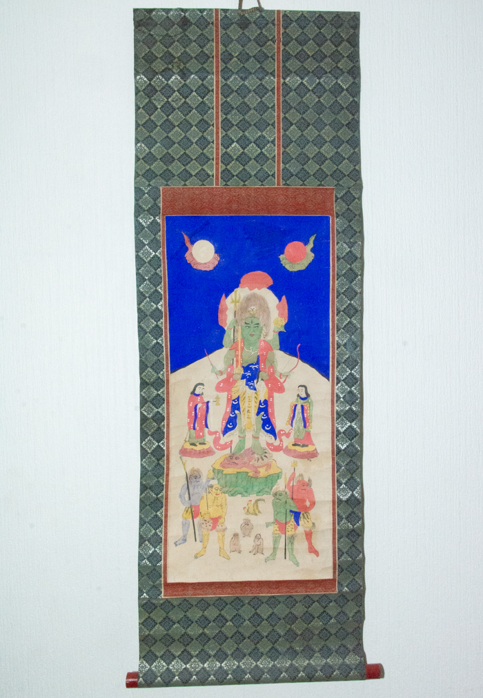 時代 彩色木版画 因州喜見山 帝釋天王尊影 掛軸 仏画 仏像 仏教美術 アンティーク 古画 古文書_画像1