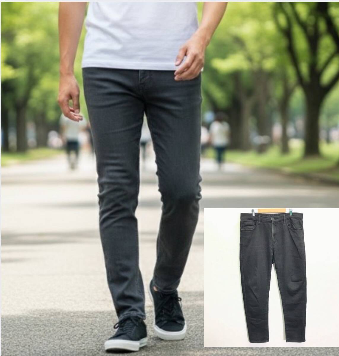 見た目はデニム 履き心地はスウェット◎【UNIQLO ユニクロ】EZYジーンズ パンツ テーパード スリム フィット ストレッチ 黒 L /Y32302ii_画像1