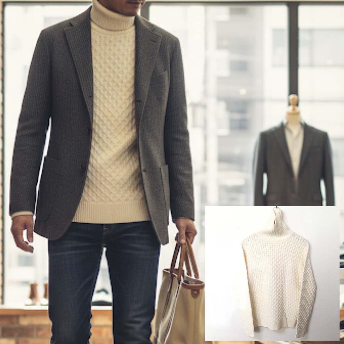 状態良好◎【RAGEBLUE】レイジブルー セーター タートルネック ニット ハニカム編み カジュアル 上品 メンズ ホワイト サイズM/Y36069fF_画像1