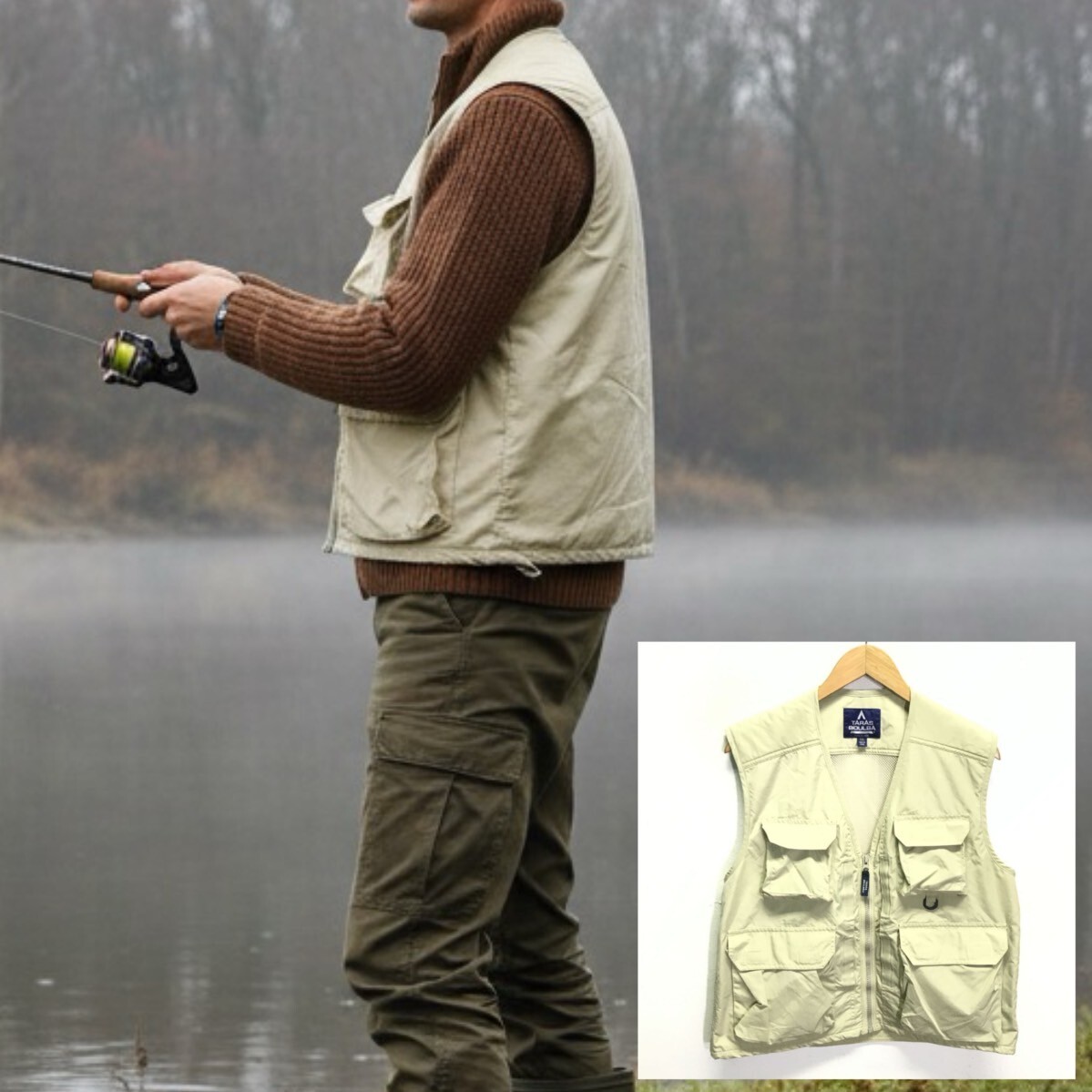 日本発アウトドアブランド◎【TARAS BOULBA】タラスブルバ ナイロンベスト キャンプ 釣り フィッシング メッシュ ベージュ LL /Y34884ii_画像1