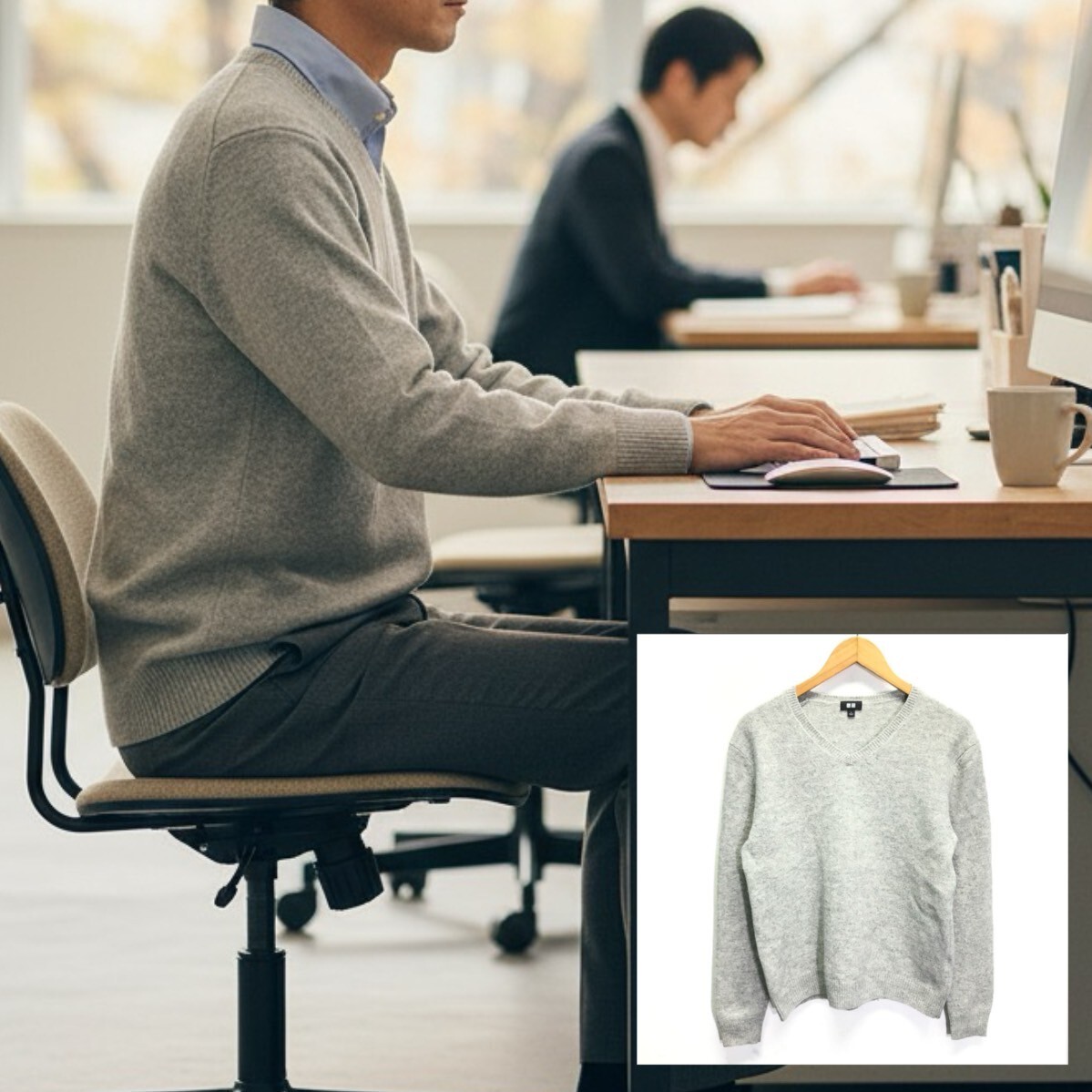 柔らかな肌ざわり◎【UNIQLO】ユニクロ プレミアムラムVネックセーター ニット ビジネス 仕事 大人カジュアル 好印象 グレー L /Y34125ii_画像1