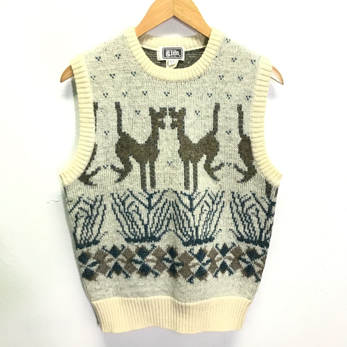 80s 90s ビンテージ◎【gim】ジム ニット ベスト トップス セーター ジレ アーガイル 鹿柄 レトロ アメカジ 着回し アイボリー L/Y30108iD_画像2
