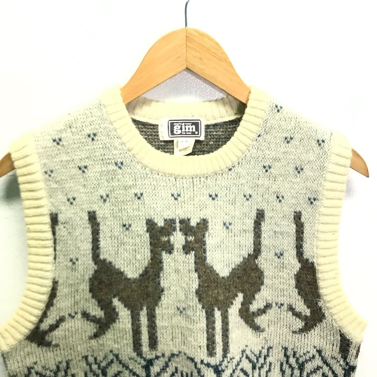 80s 90s ビンテージ◎【gim】ジム ニット ベスト トップス セーター ジレ アーガイル 鹿柄 レトロ アメカジ 着回し アイボリー L/Y30108iD_画像4