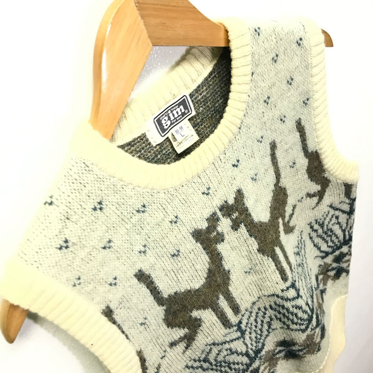 80s 90s ビンテージ◎【gim】ジム ニット ベスト トップス セーター ジレ アーガイル 鹿柄 レトロ アメカジ 着回し アイボリー L/Y30108iD_画像6