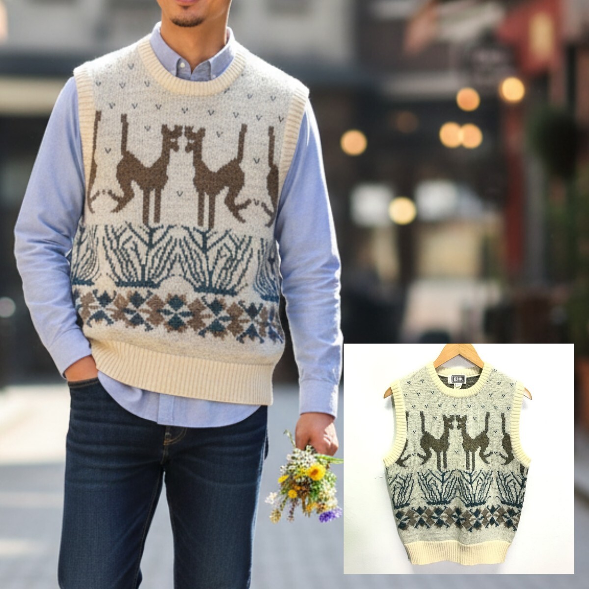 80s 90s ビンテージ◎【gim】ジム ニット ベスト トップス セーター ジレ アーガイル 鹿柄 レトロ アメカジ 着回し アイボリー L/Y30108iD_画像1