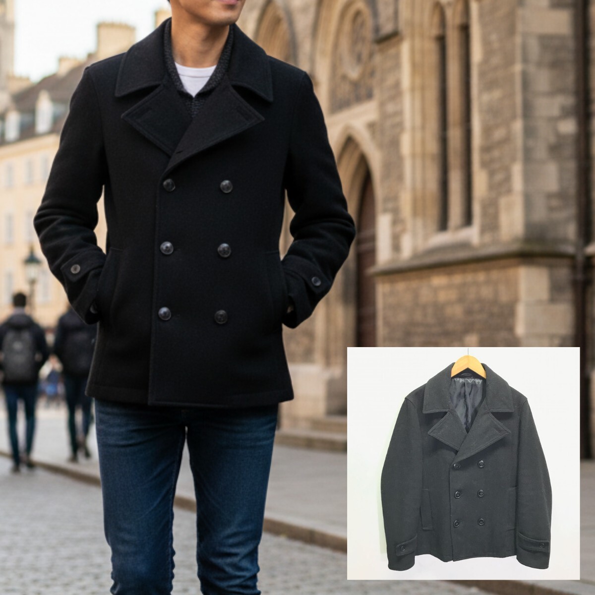 定番 人気 の1着◎【BROWNY】ブラウニー ピーコート アウター ミドル丈 ジャケット 上着 防寒 通勤 モノトーン カジュアル 黒 L /Y29998iD_画像1