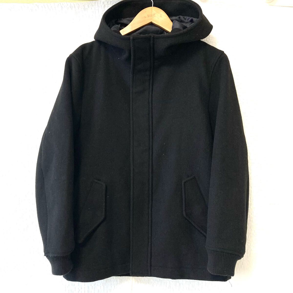 シンプルかっこいい！【RAGEBLUE】レイジブルー ウール 無地 フード アウター コート フルジップ カジュアル シンプル ブラック S/Y24615Uk_画像2