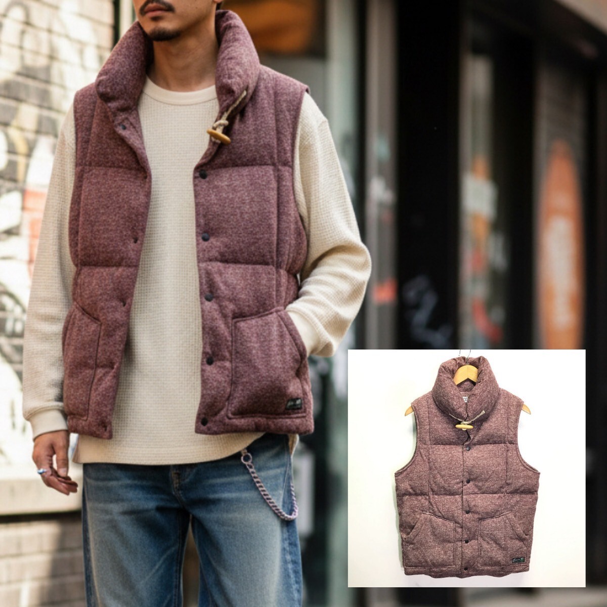 都会的アウトドアスタイル◎【POWER TO THE PEOPLE】中綿ベスト アウター キャンプ グランピング 野外イベント ワインレッド L /Y33367ii_画像1