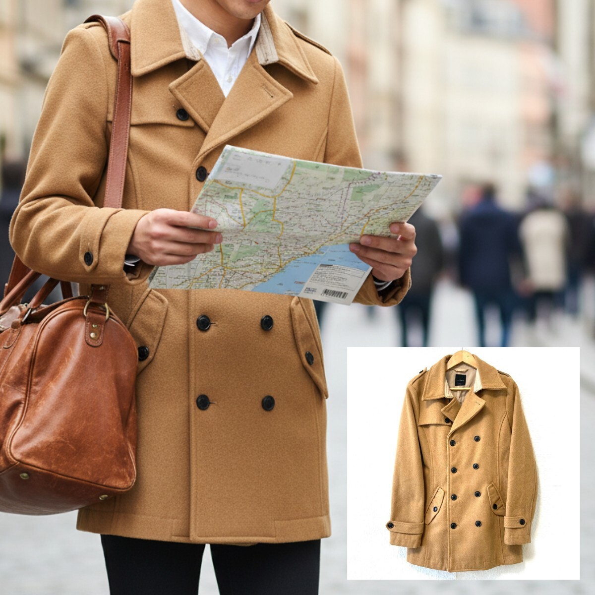 状態良好◎ 人気 アウター【roshell】ロシェル ウール混 Pコート ピーコート ジャケット 上着 通勤 カジュアル キャメル メンズ M/Y27315UD_画像1