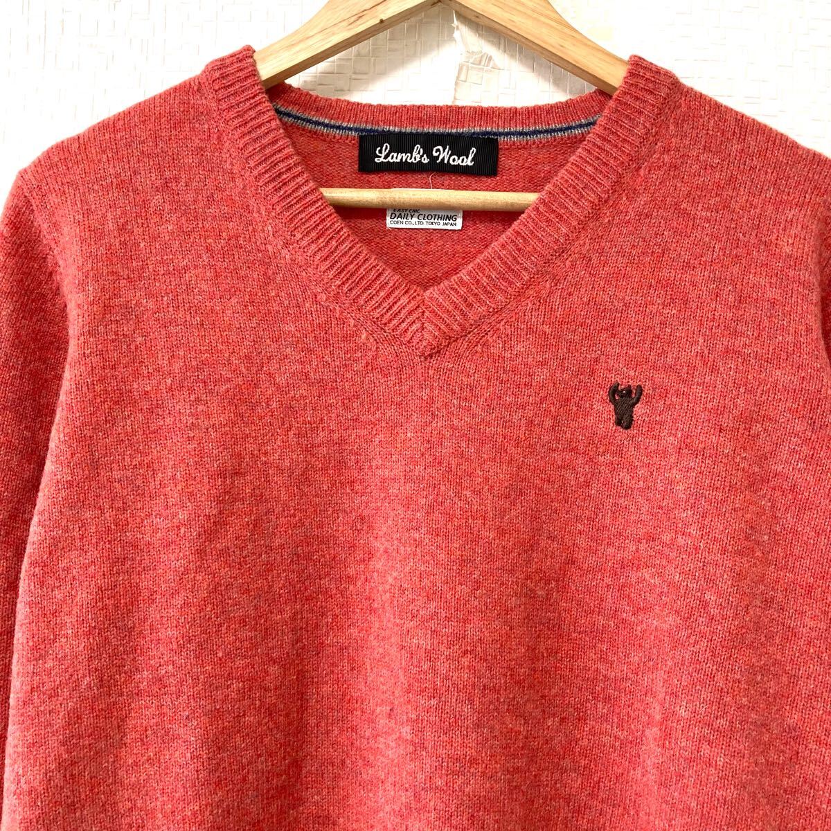美品◎ ウール100%！【coen】コーエン Vネック ニット セーター 上質 プルオーバー 秋冬 シンプル サーモンピンク メンズ L/Y24094Uk_画像4