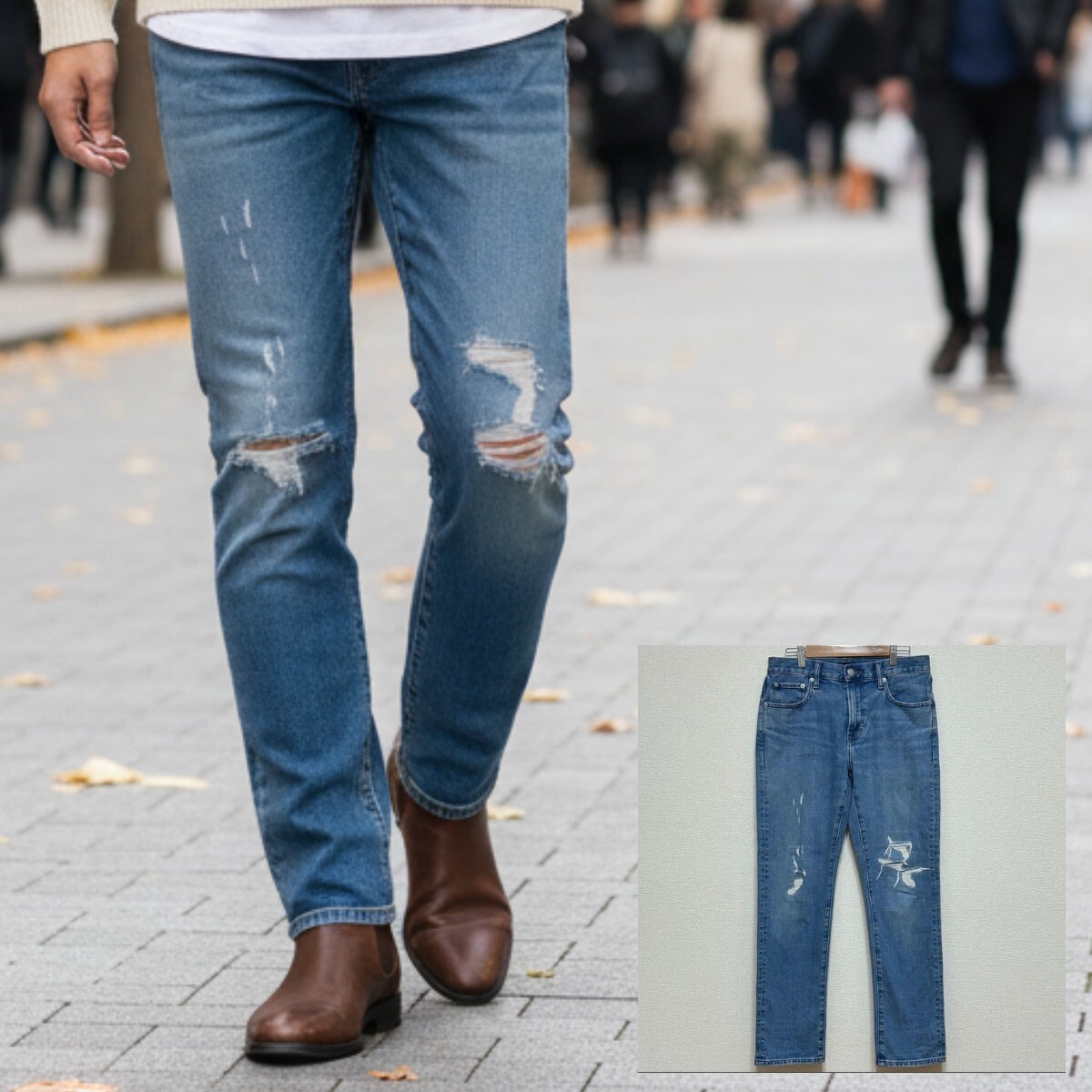 【UNIQLO JEANS 】ユニクロ ジーンズ ジーパン デニム ダメージ パンツ ストレート スリム インディゴ メンズ ブルー w29 /Y23703GQ_画像1