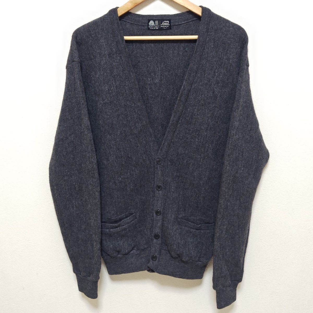 レトロ感◎ 厚手◎【Jewel】ジュエル ニット カーディガン Vネック ウール100% ジャケット ビジネスにも◎ シンプル グレー 灰 L/Y21038jT_画像2