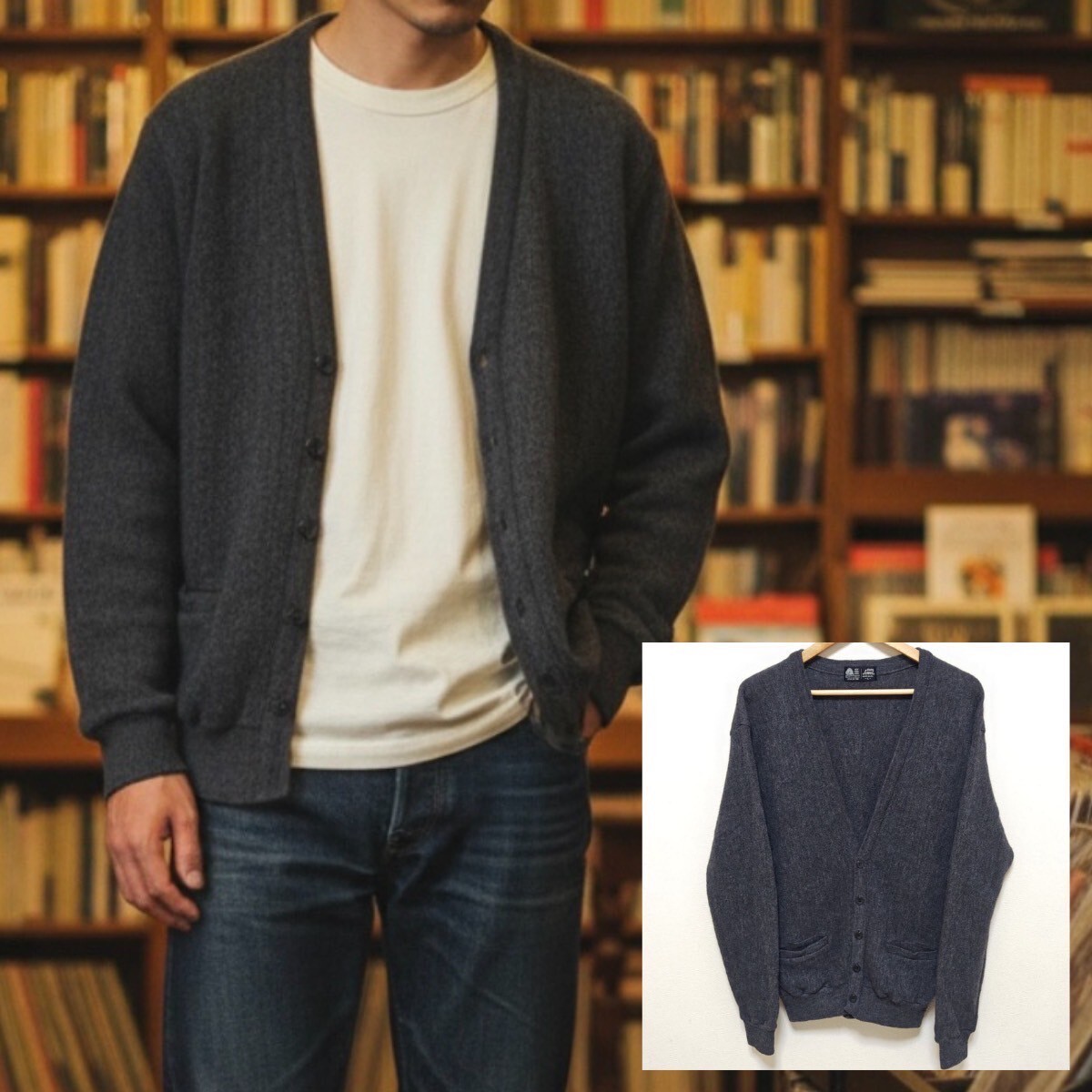 レトロ感◎ 厚手◎【Jewel】ジュエル ニット カーディガン Vネック ウール100% ジャケット ビジネスにも◎ シンプル グレー 灰 L/Y21038jT_画像1