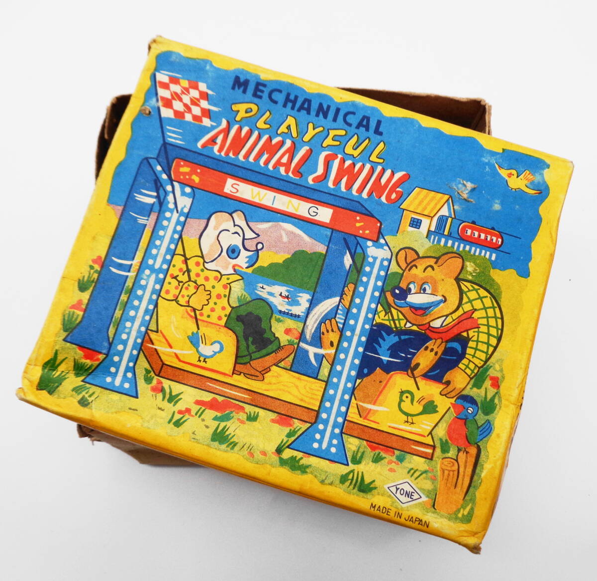  Showa Retro жестяная пластина игрушка *.ANIMAL SWING*. собака ... качание качели *.YONE рис магазин 