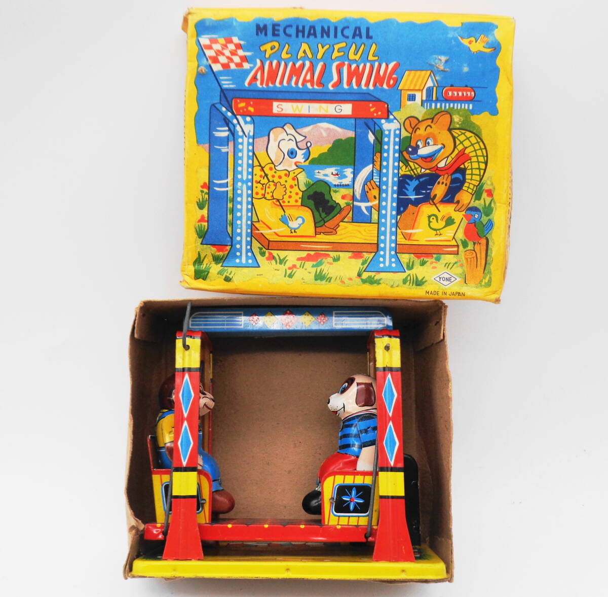  Showa Retro жестяная пластина игрушка *.ANIMAL SWING*. собака ... качание качели *.YONE рис магазин 