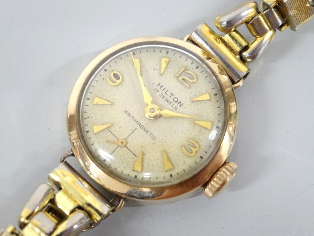 ジャンク HILTON ヒルトン ANTIMAGNETIC アンチマグネティック 17石 裏蓋 18K 刻印 手巻き レディース 腕時計 18金 _画像1