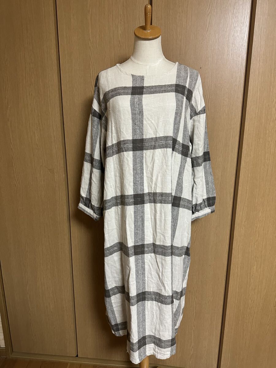 ◇Samansa Mos2 サマンサモスモス リネン混柄 チェック ナチュラル ゆったりデザイン ワンピース◇_画像3