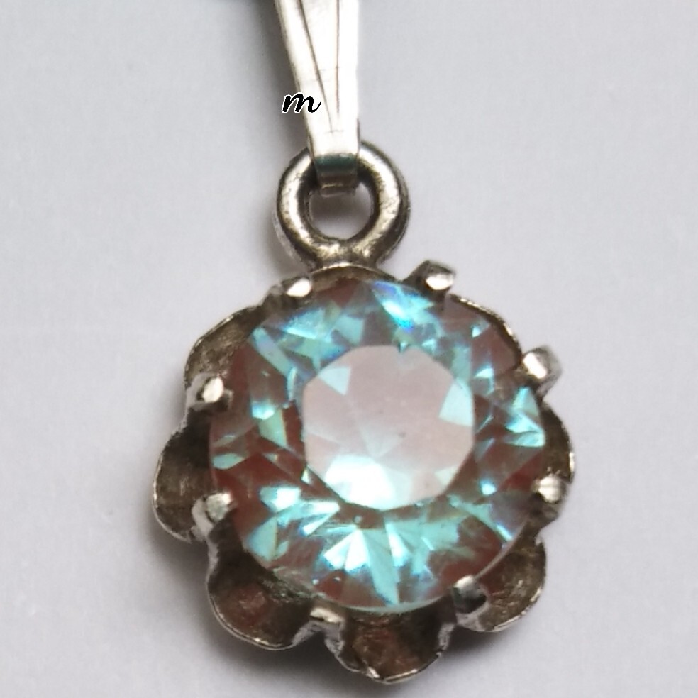 9.30mm アンティーク チェコ 蛍光 森林ガラス サフィレット × ドイツ シルバー 835 銀製 ペンダント トップ ヘッド + ネックレス チェーン_画像2