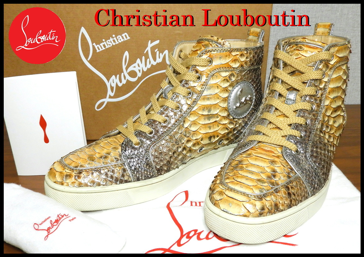 激レア Christian Louboutin パイソン クリスチャンルブタン 本革 メンズ ハイカットスニーカー ゴールド スネイク 蛇革 41 シューズ