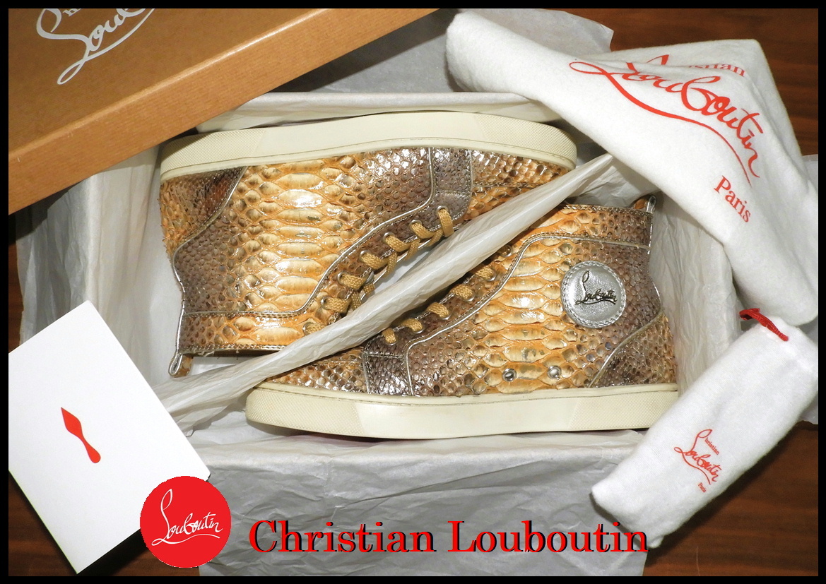 激レア Christian Louboutin パイソン クリスチャンルブタン 本革 メンズ ハイカットスニーカー ゴールド スネイク 蛇革 41 シューズ