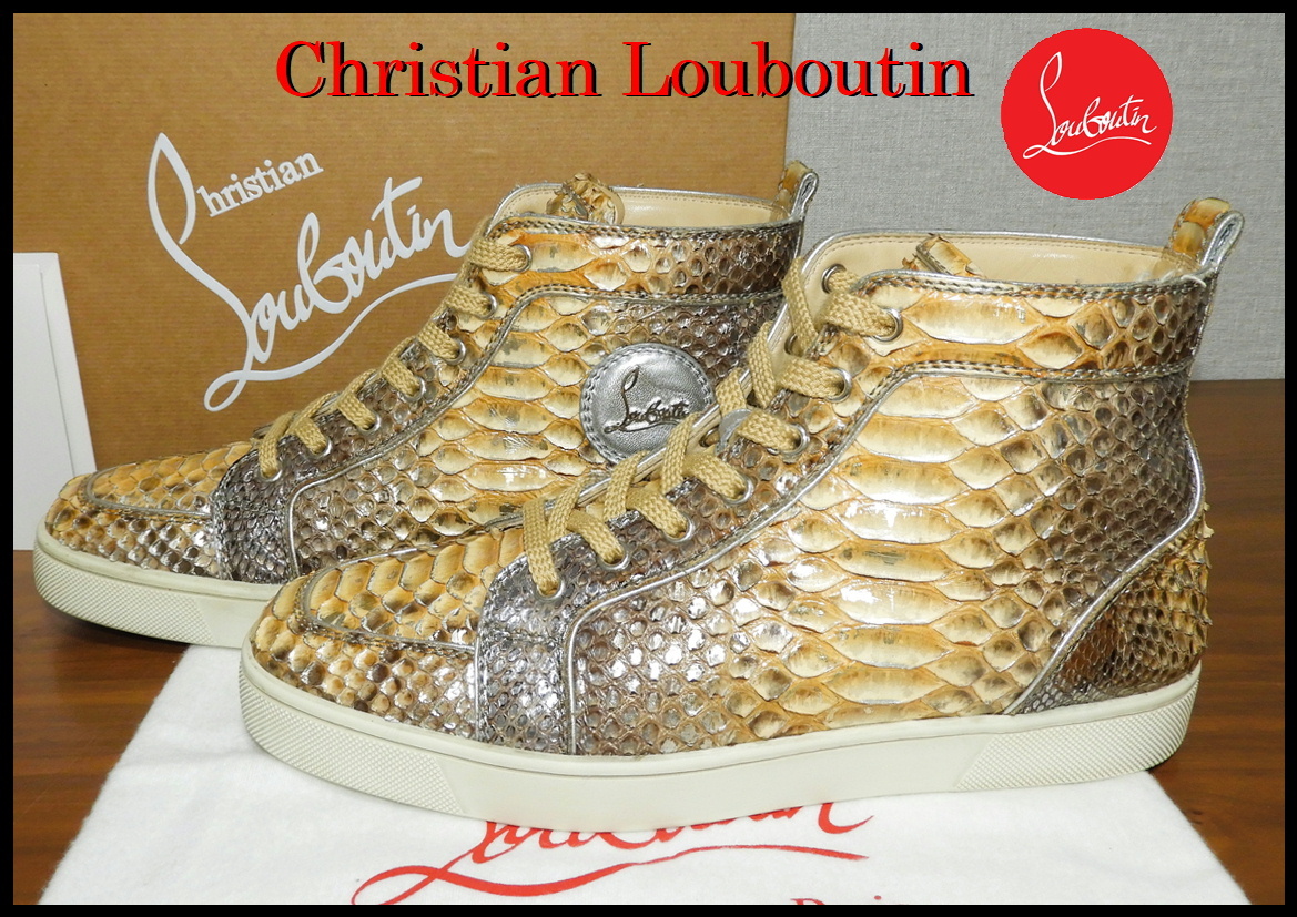 激レア Christian Louboutin パイソン クリスチャンルブタン 本革 メンズ ハイカットスニーカー ゴールド スネイク 蛇革 41 シューズ