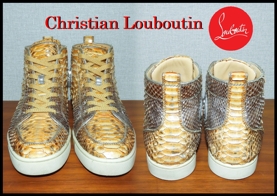 激レア Christian Louboutin パイソン クリスチャンルブタン 本革 メンズ ハイカットスニーカー ゴールド スネイク 蛇革 41 シューズ