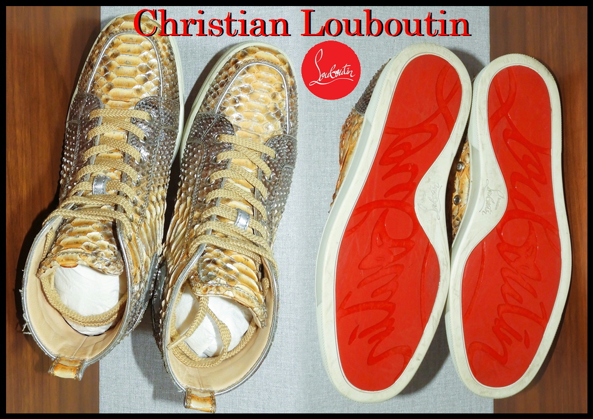 激レア Christian Louboutin パイソン クリスチャンルブタン 本革 メンズ ハイカットスニーカー ゴールド スネイク 蛇革 41 シューズ